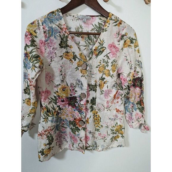 Hester & Orchard Linen Blend Floral V-Neck Button Down Top - Size S - Picture 3 of 6